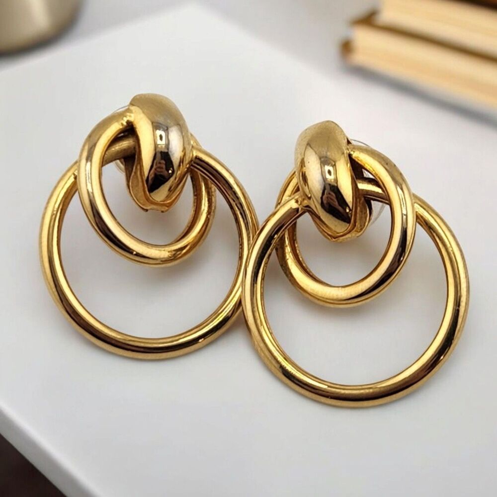 Vintage 80s Chunky Gold Door Knocker Earrings 1.5" Interlocking Retro Statement